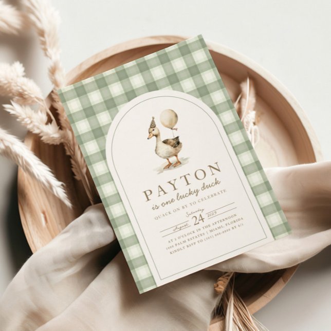 En inbjudan till Lucky Anka, Anka Födelsedagsfest (One Lucky Duck Birthday Party Invitation - Sage Green Gingham)
