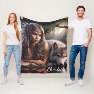 En indisk indian och en varg som vilar av vatten fleecefilt