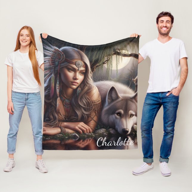 En indisk indian och en varg som vilar av vatten fleecefilt (På plats)