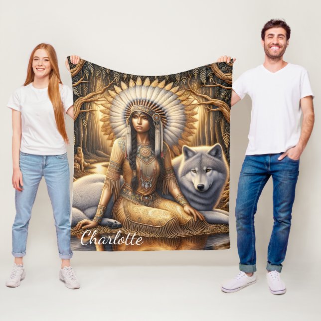 En indisk kvinna delar ett band med en varg fleecefilt (På plats)