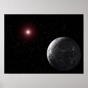 En isig/bergig planet som orkar en dym stjärna poster