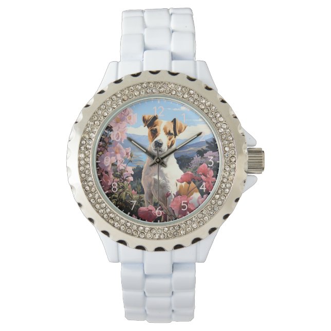 En Jack Russell Terrier Blommigt Haven Armbandsur (Framsida)
