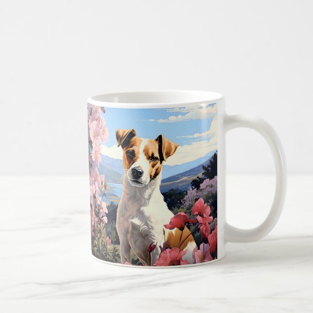 En Jack Russell Terrier Blommigt Haven Kaffemugg (Höger)