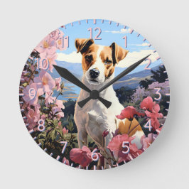 En Jack Russell Terrier Blommigt Haven Rund Klocka