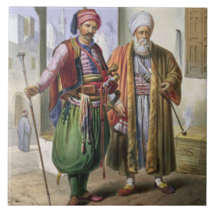 En Janissary och en köpman i Cairo, illustration Kakelplatta