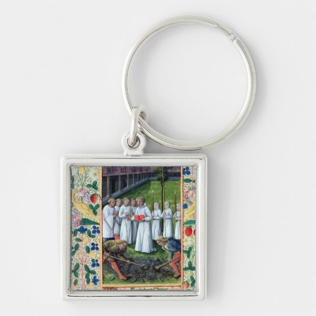 En jordfästning fyrkantig silverfärgad nyckelring (Framsidan)