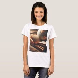 en jordglob sitter ovanpå bok t shirt