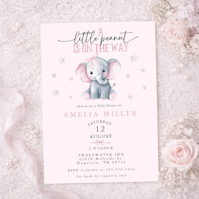 En jordnöt på väg Elefant Rosa Bebisdoppning Inbjudningar (A Peanut on the Way Elephant Pink Baby Shower Invitation)