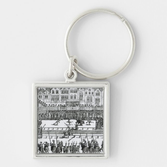 En Jousting plats Fyrkantig Silverfärgad Nyckelring (Framsidan)