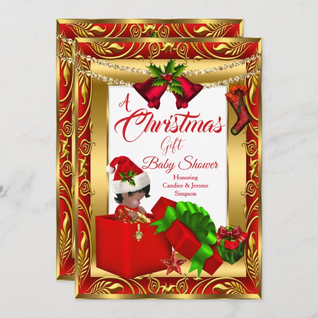 En julklapp Graf Baby Shower Red Guld AA2 Inbjudningar (Fram/baksida)
