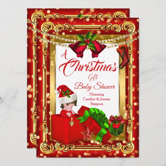 En julpresent tjej pojke bebis babyshower röd guld inbjudningar (Fram/baksida)
