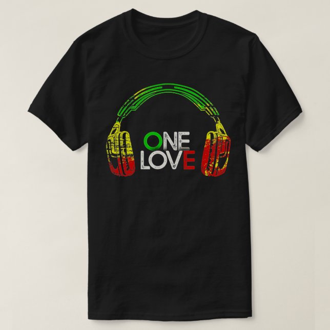 En Kärlek Rastafarian-hörlurarna Reggae Jamaican T Shirt (Design framsida)