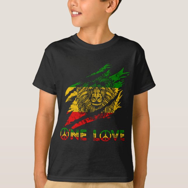 En Kärlek-region Lejon om judah Klo Rastafari-rött T Shirt (Framsida)