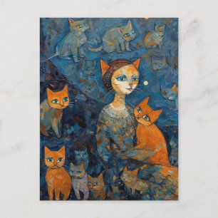 En katt Dam i nattestaden med sina kattor Vykort