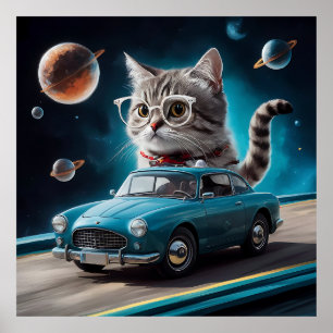 En katt med glasögon som kör bil på ... poster