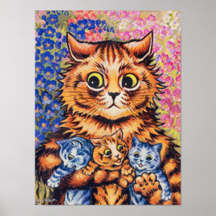 En katt med hennes kittens av Louis Wain Poster