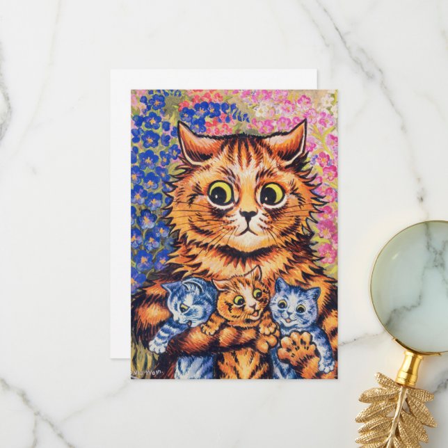 En katt med hennes kittens av Louis Wain Tack Kort (Fram/Back In Situ)