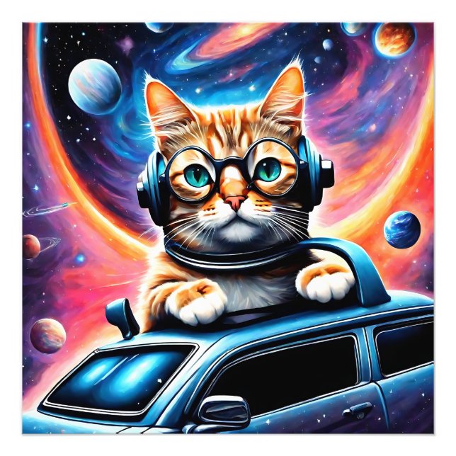 En katt med hörlurar och glasögon på ... fototryck (Framsidan)