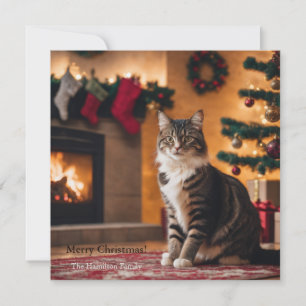 En katt med Julgran och eldstad Julkort