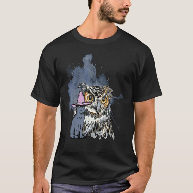 En katt och en uggla husdjursägare t shirt (Framsida)