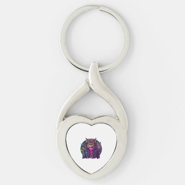 En katt och en uggla  twisted heart silverfärgad nyckelring (Framsidan)