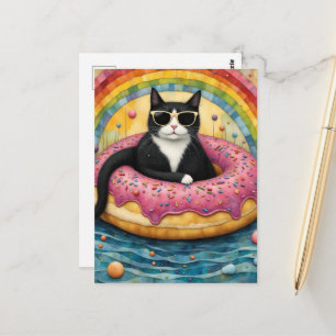En katt på semester i en flytande donut vykort