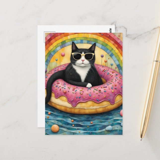 En katt på semester i en flytande donut vykort (Fram/Back In Situ)