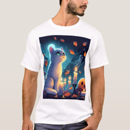 en katt sitter framför en pumpa med ett spöke t shirt