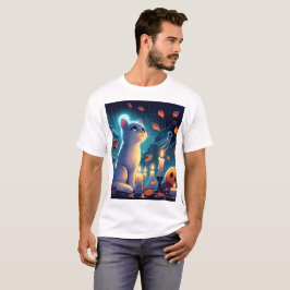 en katt sitter framför en pumpa med ett spöke t shirt