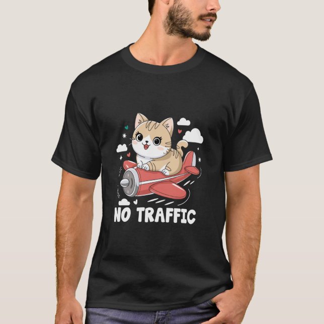 En katt som flyger ett plan Ingen trafik Flygplan  T Shirt (Framsida)