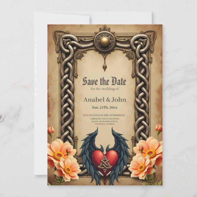 En keltisk elegans med ett hjärta och vingar. spara datumet (Framsida)