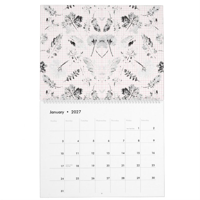 En klassisk svartvit blommigt tapet-featur kalender (Jan 2027)