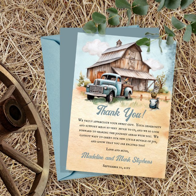 En knut, liten jordbrukare är på väg att bli babys tack kort ("A Cute Little Farm Boy Is On His Way!" Rustic Barn and Vintage Truck Boy Baby Shower Thank You Card)