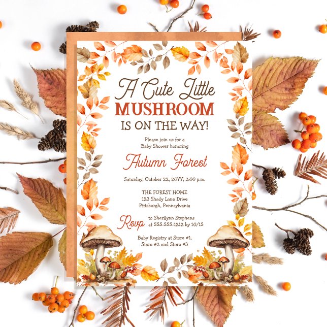 En knut liten svampblomma, babystövel inbjudningar ("A Cute Little Mushroom Is On The Way!" Fall | Autumn Baby Shower Invitation)