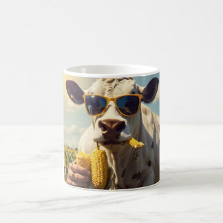 En ko som bär solglasögon matas med en kolv majs kaffemugg