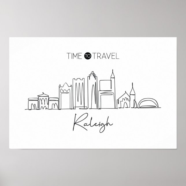 En kontinuerlig Teckning av Raleigh Skyline Poster (Framsidan)
