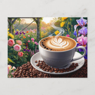 En kopp kaffe och vacker blomsterträdgård vykort