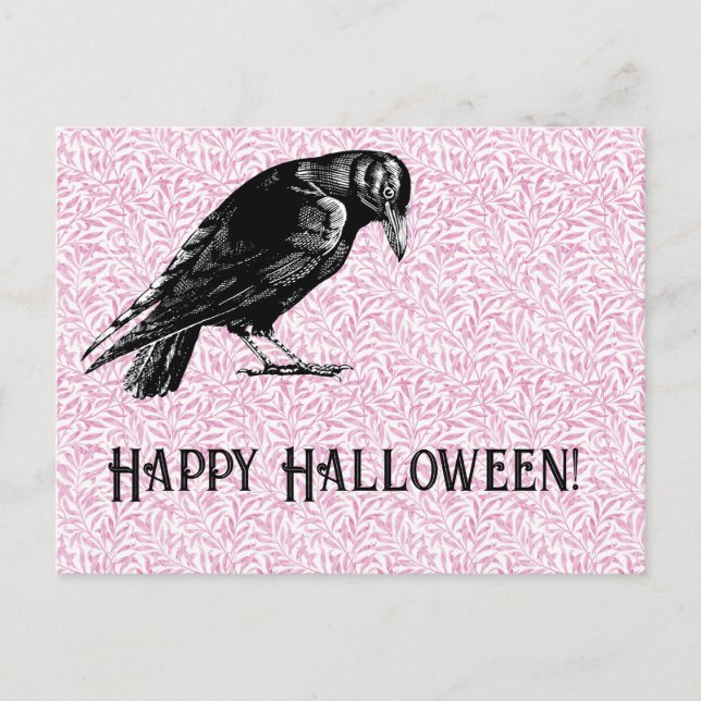 En Kråka eller Raven Halloween Rosa och svart Helg Vykort (Framsida)