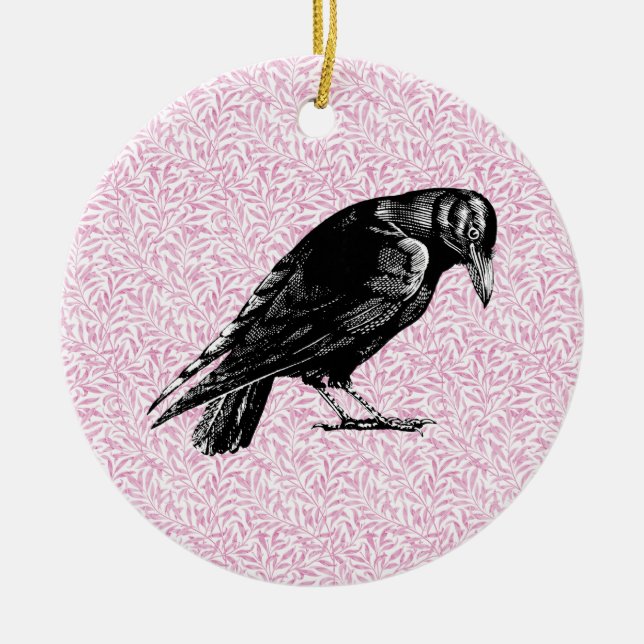 En Kråka eller Raven Halloween Rosa och svart Julgransprydnad Keramik (Framsidan)