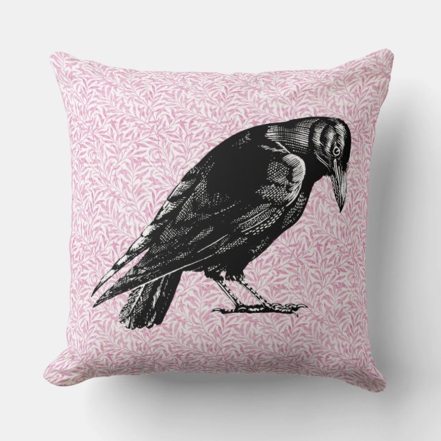 En Kråka eller Raven Halloween Rosa och svart Kudde (Framsida)