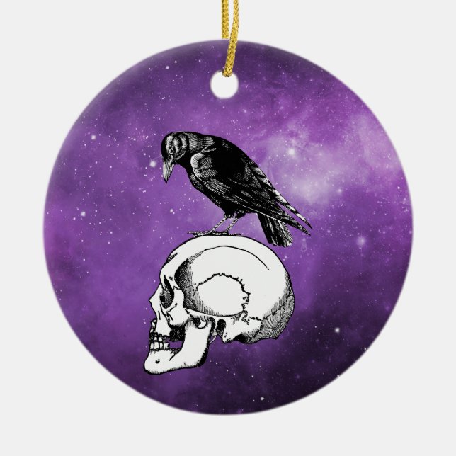 En Kråka eller Raven och Skull Halloween Lila Gala Julgransprydnad Keramik (Framsidan)