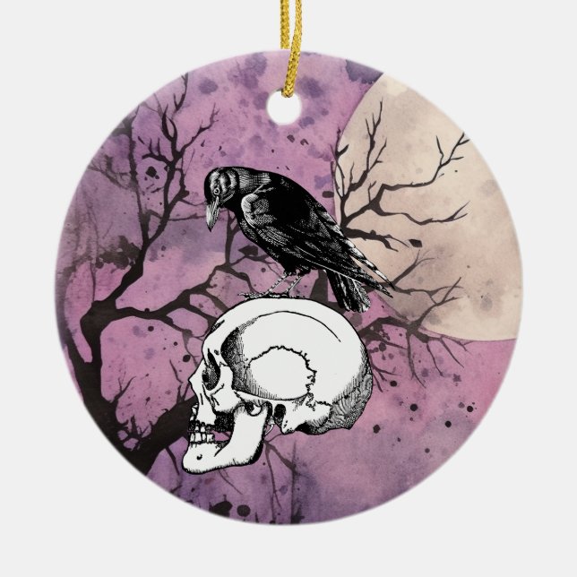 En Kråka eller Raven och Skull Halloween Lila Måne Julgransprydnad Keramik (Framsidan)