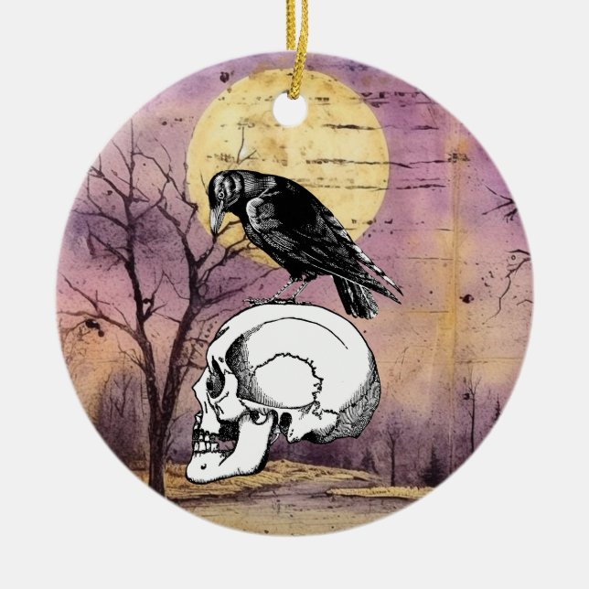 En Kråka eller Raven och Skull Halloween Lila Måne Julgransprydnad Keramik (Framsidan)