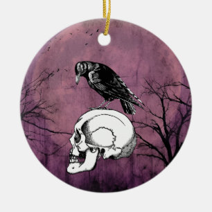 En Kråka eller Raven och Skull Halloween Lila Måne Julgransprydnad Keramik