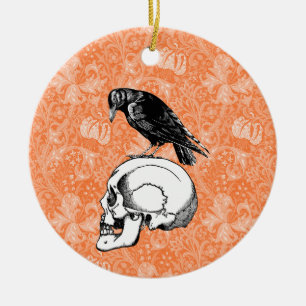 En Kråka eller Raven och Skull Halloween Orange Bl Julgransprydnad Keramik