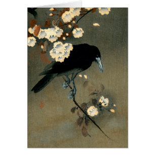 En kråka och en blommar vid Ohara Koson vintage Hälsningskort