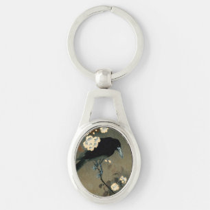 En kråka och en blommar vid Ohara Koson vintage Ovalt Silverfärgad Nyckelring