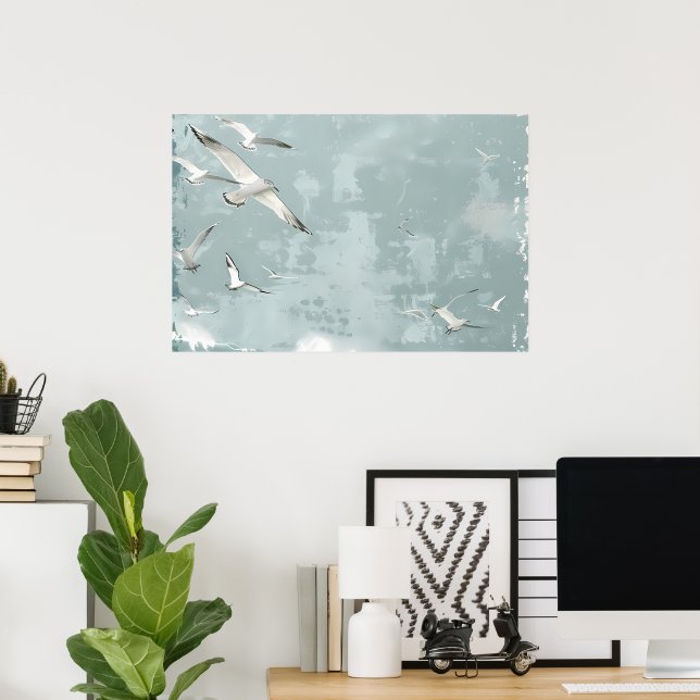 En kustfåglars hav himmel collagebakgrund poster (Hemmakontoret)