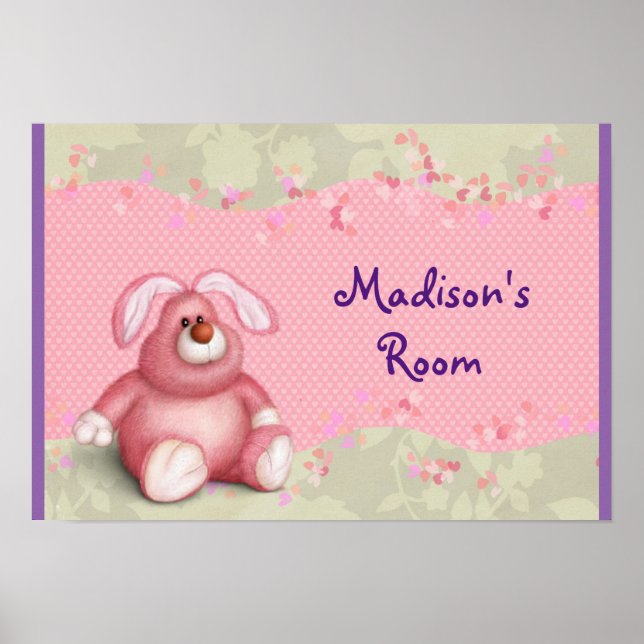 En kute Rosa Bunny med hjärter och blommor Poster (Framsidan)