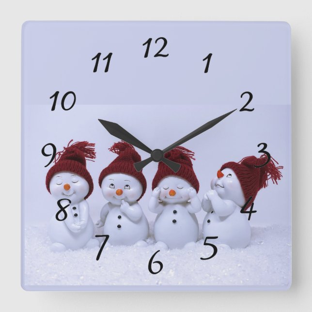 En kvartett snögubbar fyrkantig klocka (Framsida)